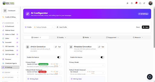 AI Configurator showing model selection, article generation settings, and metadata controls