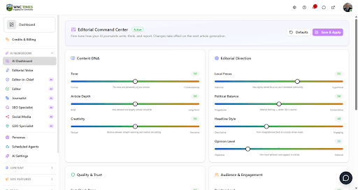 Editorial Command Center with Content DNA sliders and Editorial Direction controls