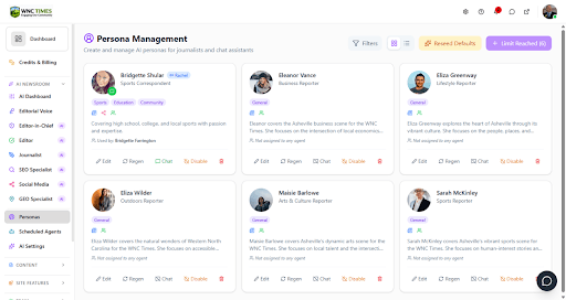 Persona Management dashboard showing AI journalist profiles with beats, bios, and controls