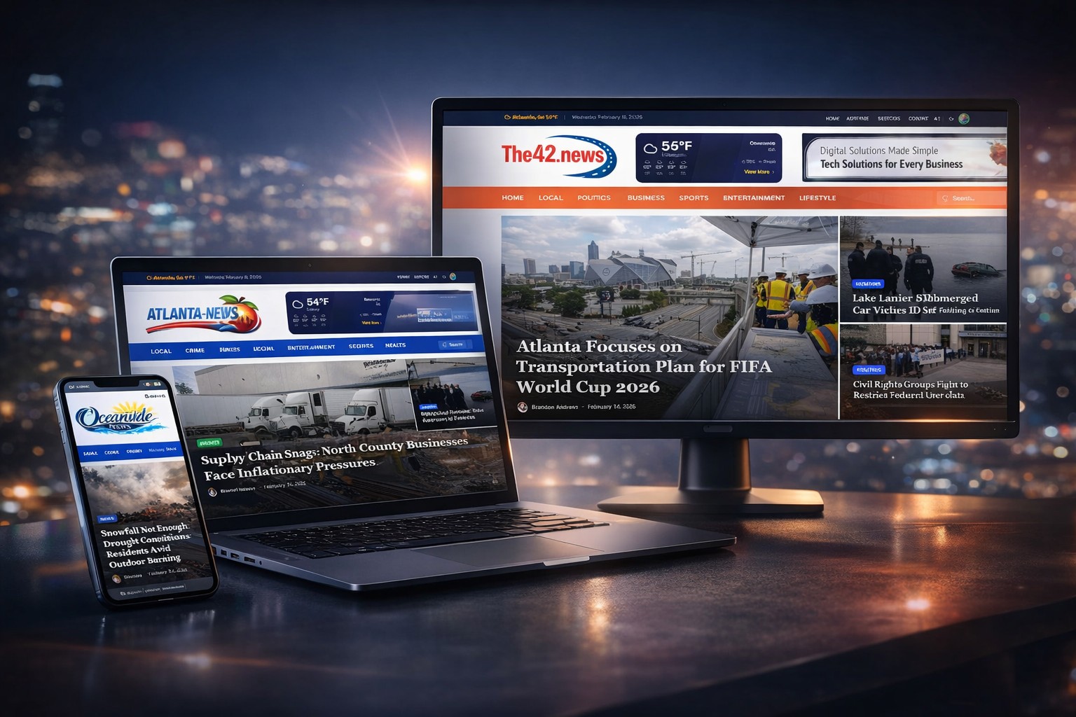 NewsroomAIOS newspapers displayed on phone, laptop, and desktop
